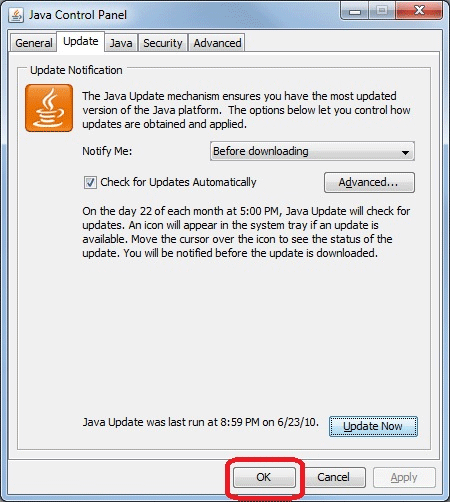 Windows 7 Java Control, Update Tab Settings, OK to Save